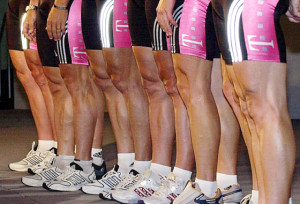 Pictured are the legs of the cyclists team of German Telekom during the presentation of the team for the Tour de France 2001, during a news conference in Bonn, western Germany, Friday, June 29, 2001. (AP Photo/Hermann J. Knippertz)